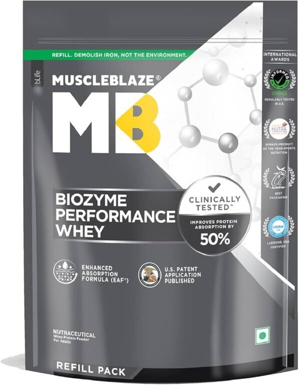 MUSCLEBLAZE Biozyme Performance Raw Whey Protein, Informed Choice UK Certified Whey Protein  (1 kg, Unflavoured)