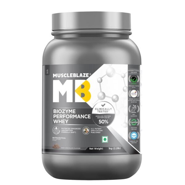 MUSCLEBLAZE Biozyme Performance, Informed Choice UK & Labdoor USA Certified Whey Protein  (1 kg, Rich Chocolate)