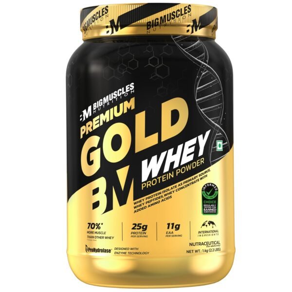 BIGMUSCLES NUTRITION Premium Gold Whey | 25g Protein Per Serving, 0g Sugar,5.5g BCAA Whey Protein  (1 kg, Chocolate Brownie)