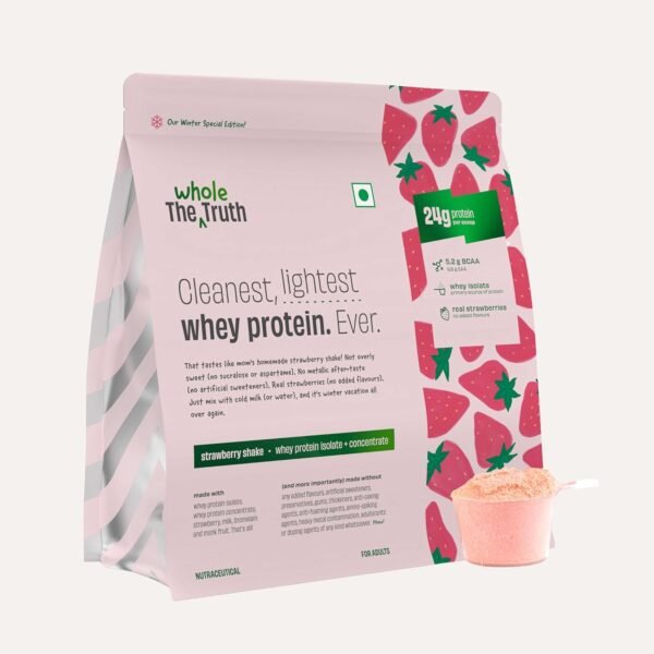 The Whole Truth Whey Protein Isolate+Concentrate | Strawberry Shake 1 kg (2.2 lbs) |24g Protein/Scoop | 5.2g BCAA |100% Authentic Whey |Real Strawberries & No Added Flavours