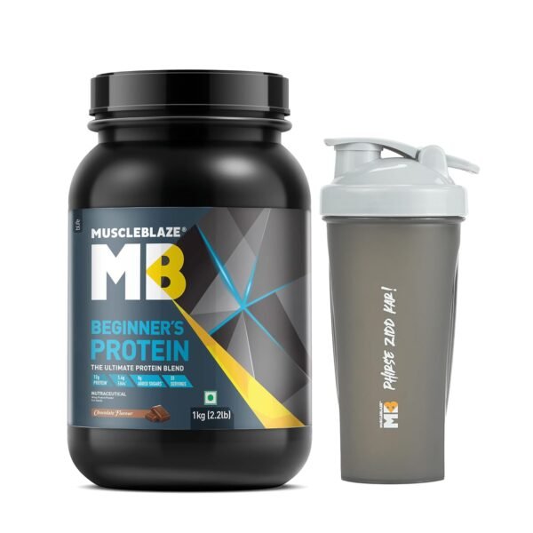 MuscleBlaze Beginner's Protein (Jar Pack), Whey Supplement, No Added Sugar, Faster Muscle Recovery & Improved Strength (Chocolate, 1 kg / 2.2 lb) with 600 ml Shaker (Combo Pack)